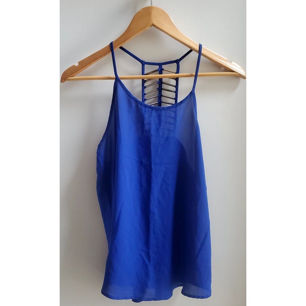 MINE Camisole Tank Top Royal Blue SM Metal Accents on Back Going Out Semi Sheer